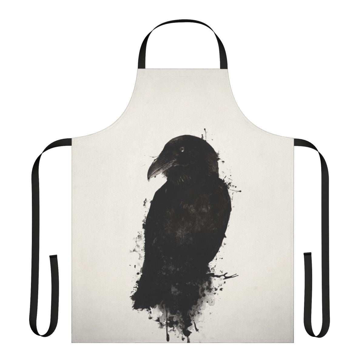 A raven-themed apron with a photomanipulated design featuring ink splatters and bird imagery