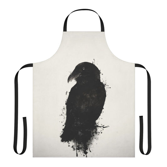 A raven-themed apron with a photomanipulated design featuring ink splatters and bird imagery