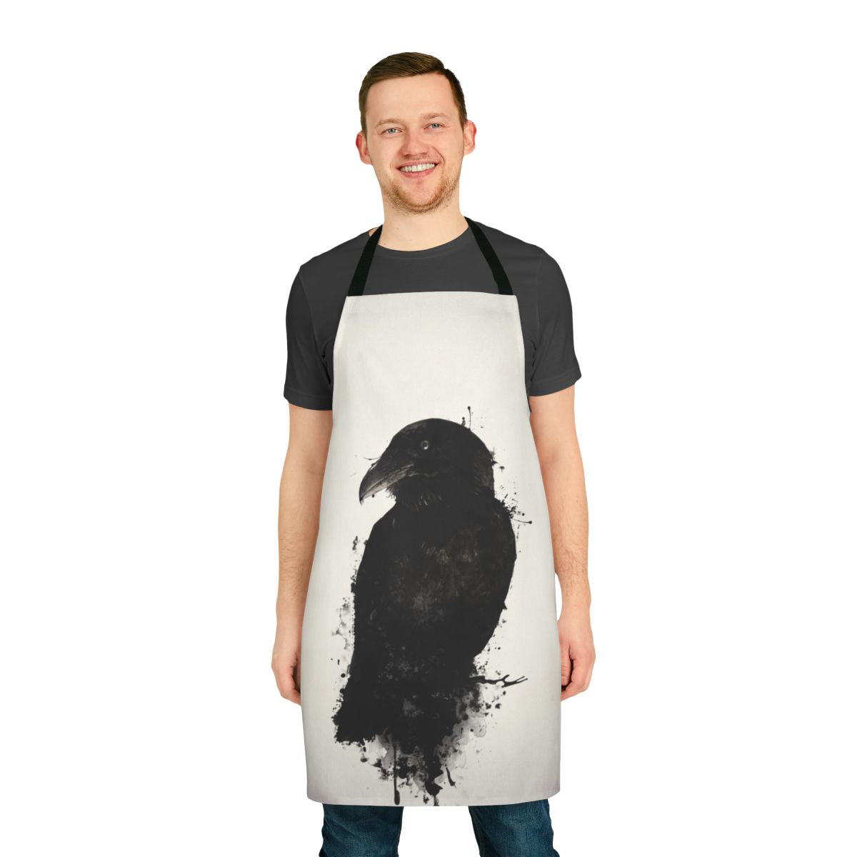 A raven-themed apron with a photomanipulated design featuring ink splatters and bird imagery