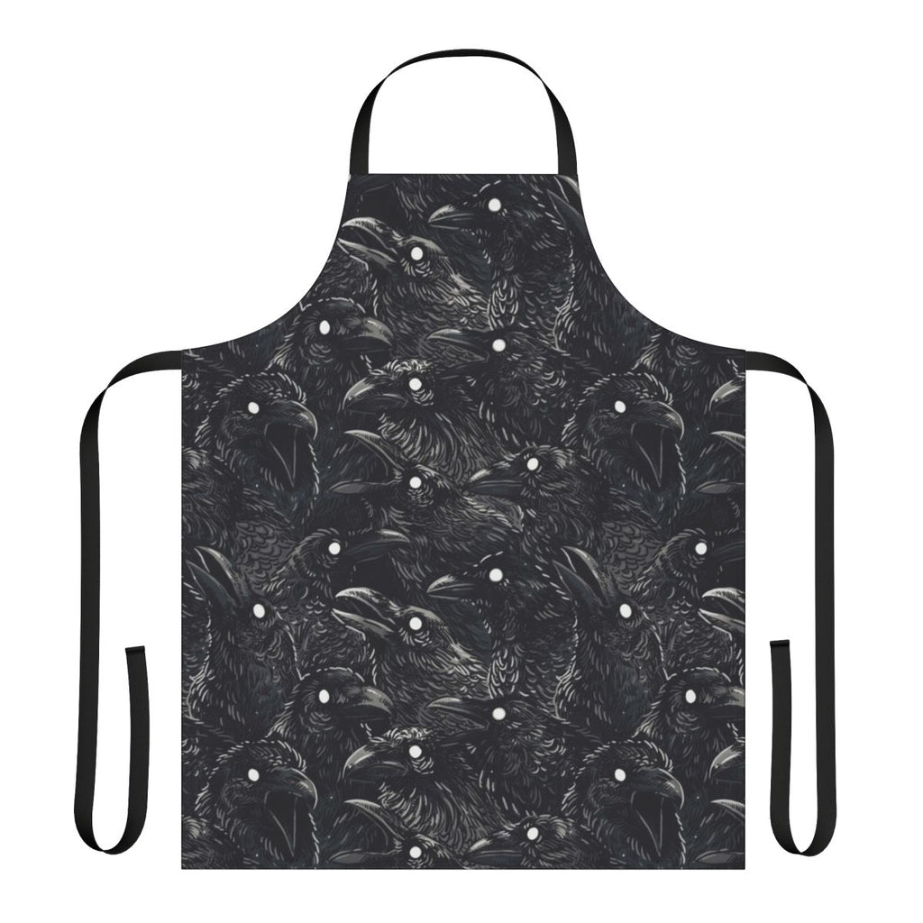 Raven pattern apron with a dark, gothic design featuring a flock of ravens or crows