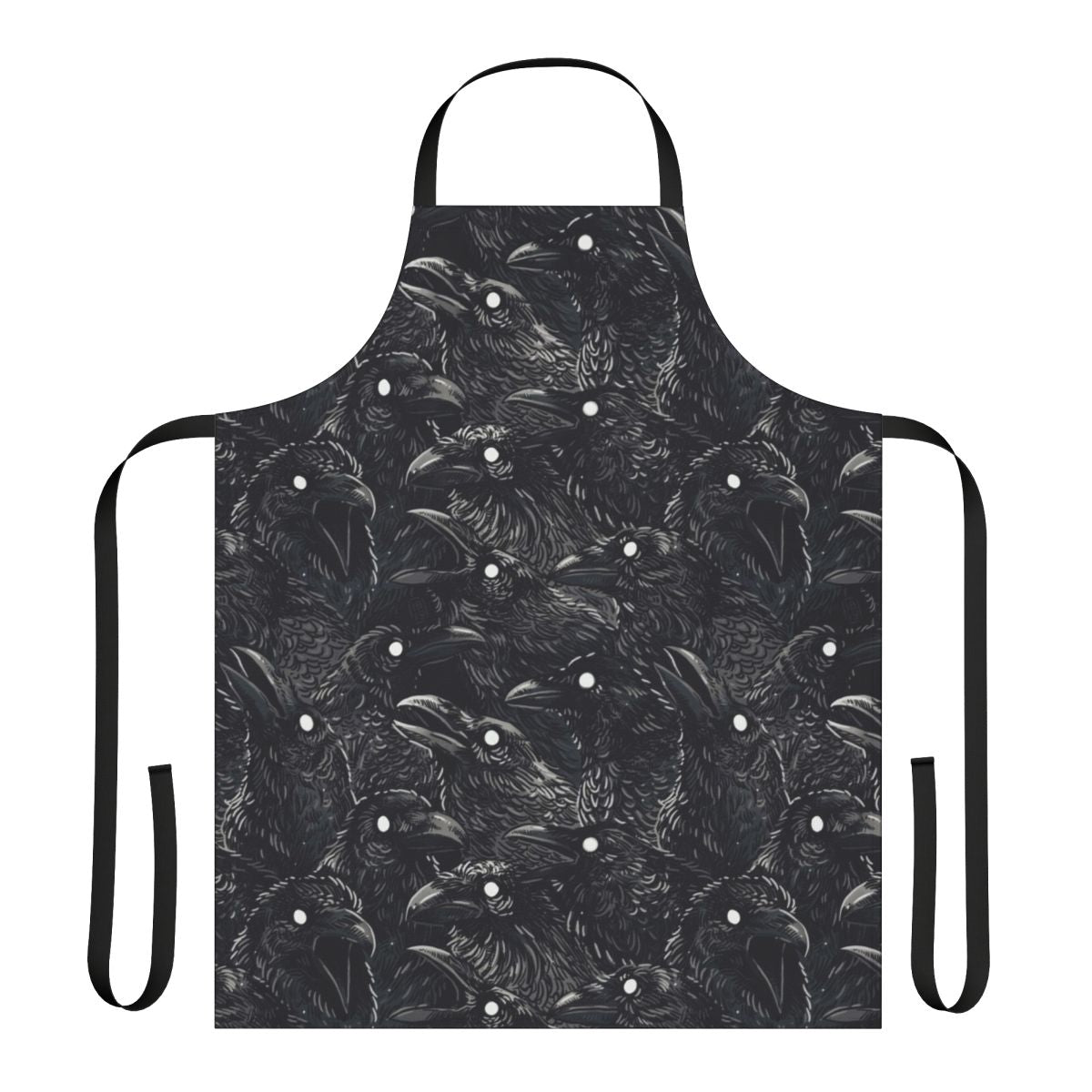 Raven pattern apron with a dark, gothic design featuring a flock of ravens or crows