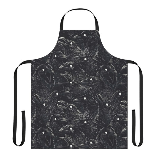 Raven pattern apron with a dark, gothic design featuring a flock of ravens or crows