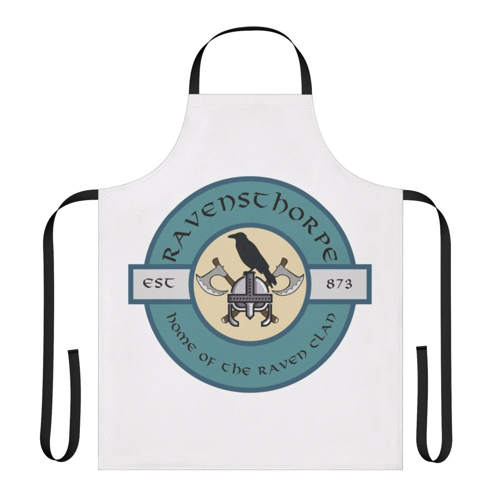 Ravensthorpe-themed apron featuring raven and Nordic runes for Assassin's Creed Valhalla fans