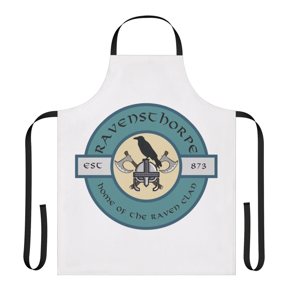 Ravensthorpe-themed apron featuring raven and Nordic runes for Assassin's Creed Valhalla fans