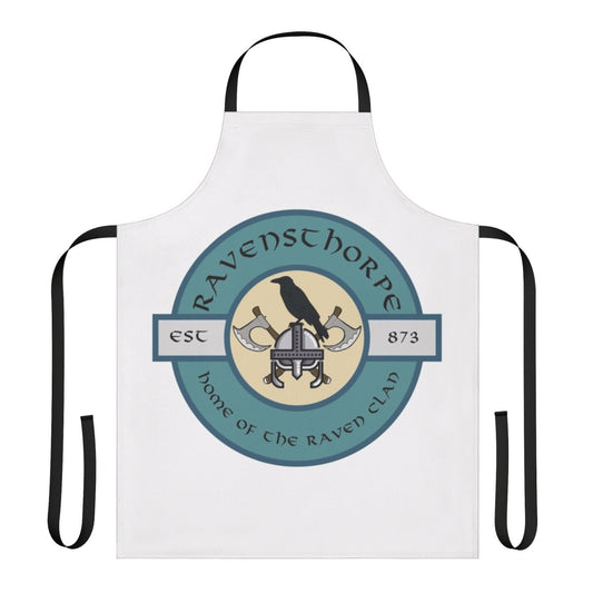 Ravensthorpe-themed apron featuring raven and Nordic runes for Assassin's Creed Valhalla fans