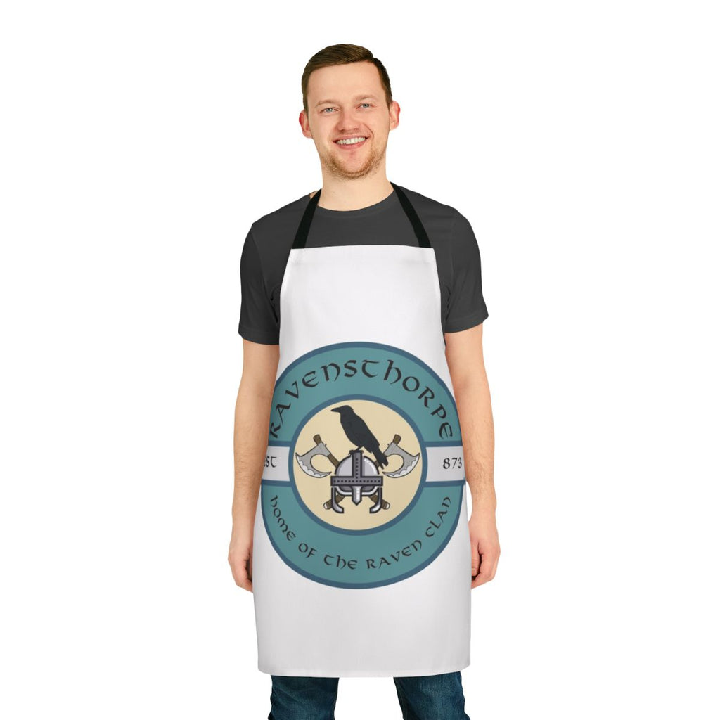 Ravensthorpe-themed apron featuring raven and Nordic runes for Assassin's Creed Valhalla fans