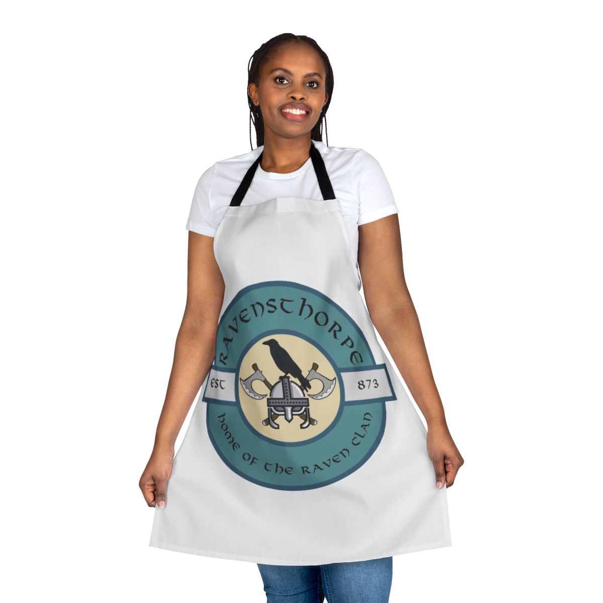 Ravensthorpe-themed apron featuring raven and Nordic runes for Assassin's Creed Valhalla fans