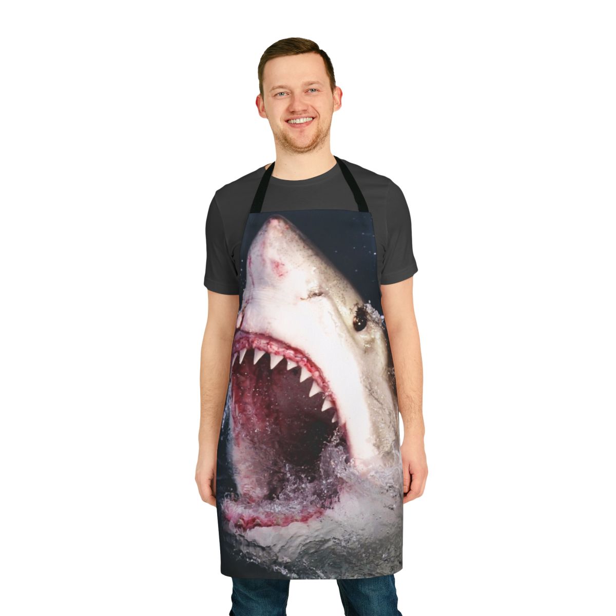 Realistic 3D great white shark bite pattern printed on an apron
