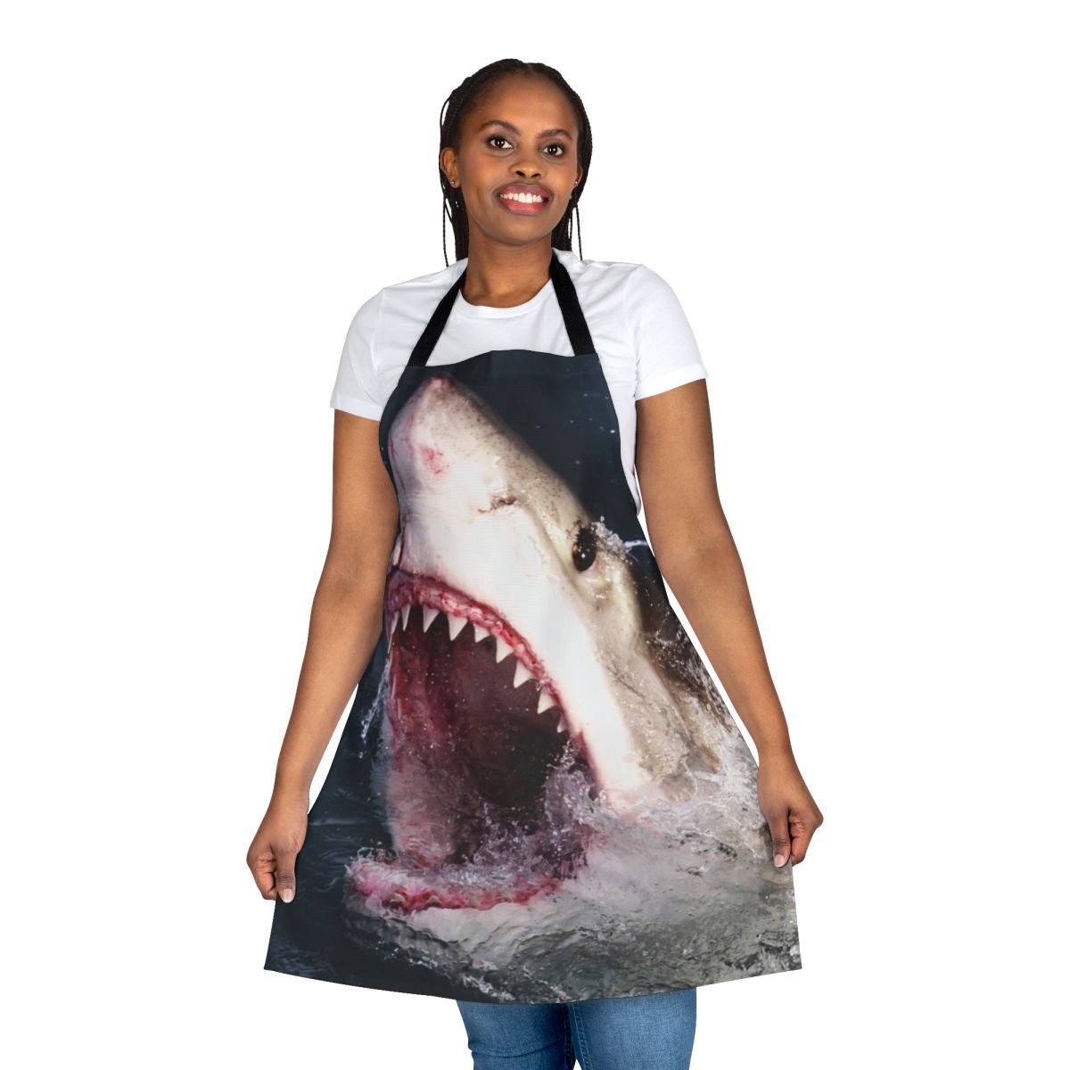 Realistic 3D great white shark bite pattern printed on an apron