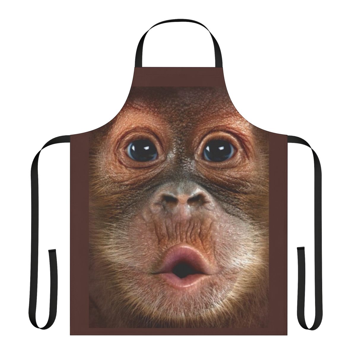 Realistic baby orangutan face printed on an apron, perfect for BBQ or wildlife enthusiasts.