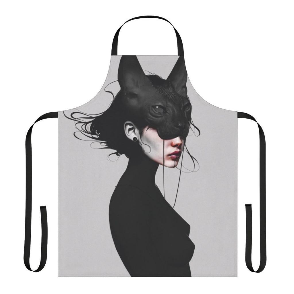 Realistic black and white photo print of a cat's face on an apron