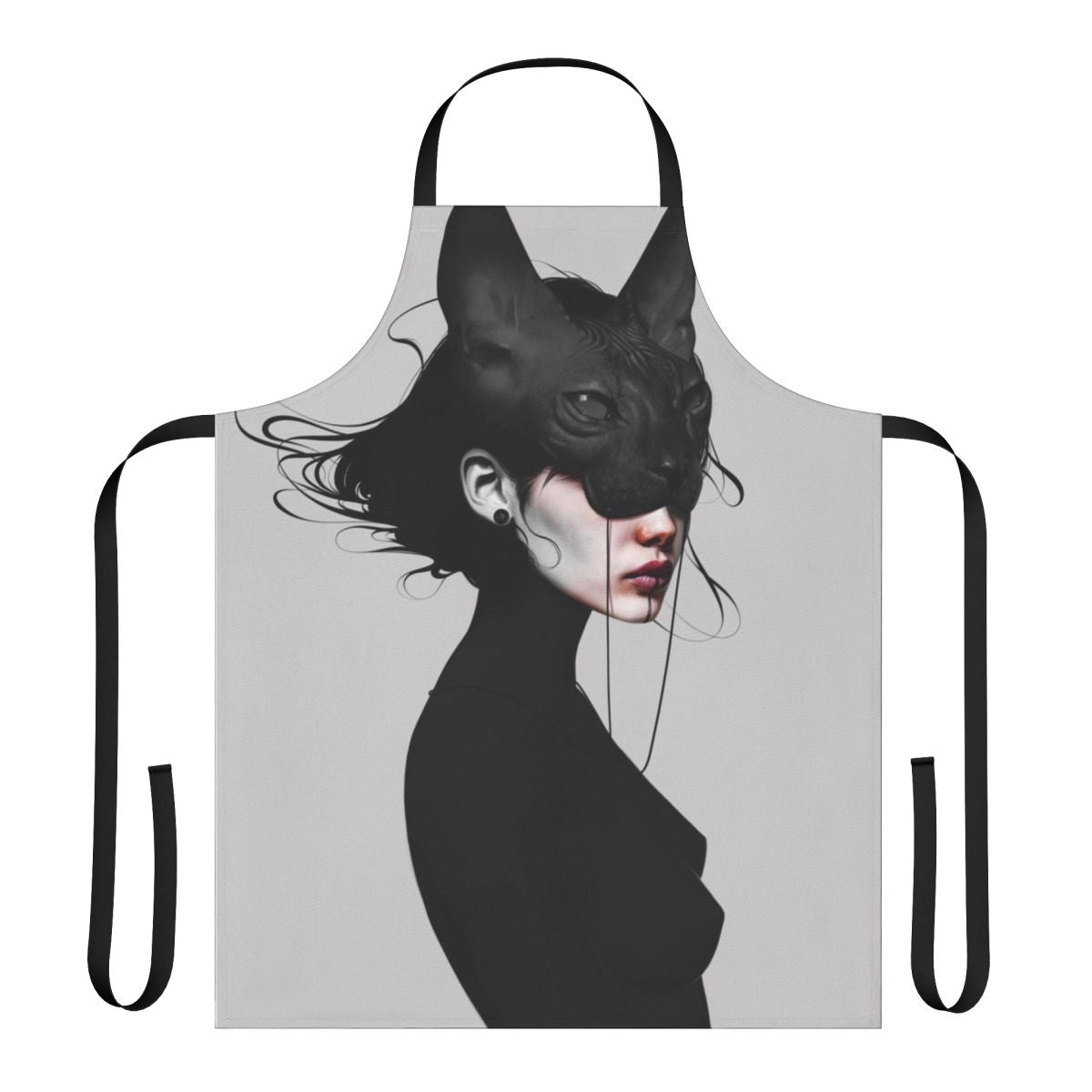 Realistic black and white photo print of a cat's face on an apron
