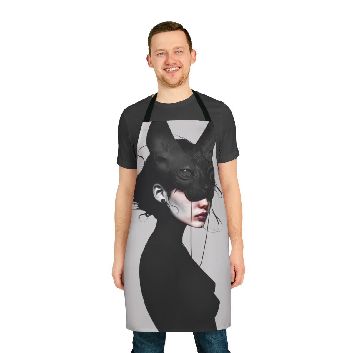 Realistic black and white photo print of a cat's face on an apron