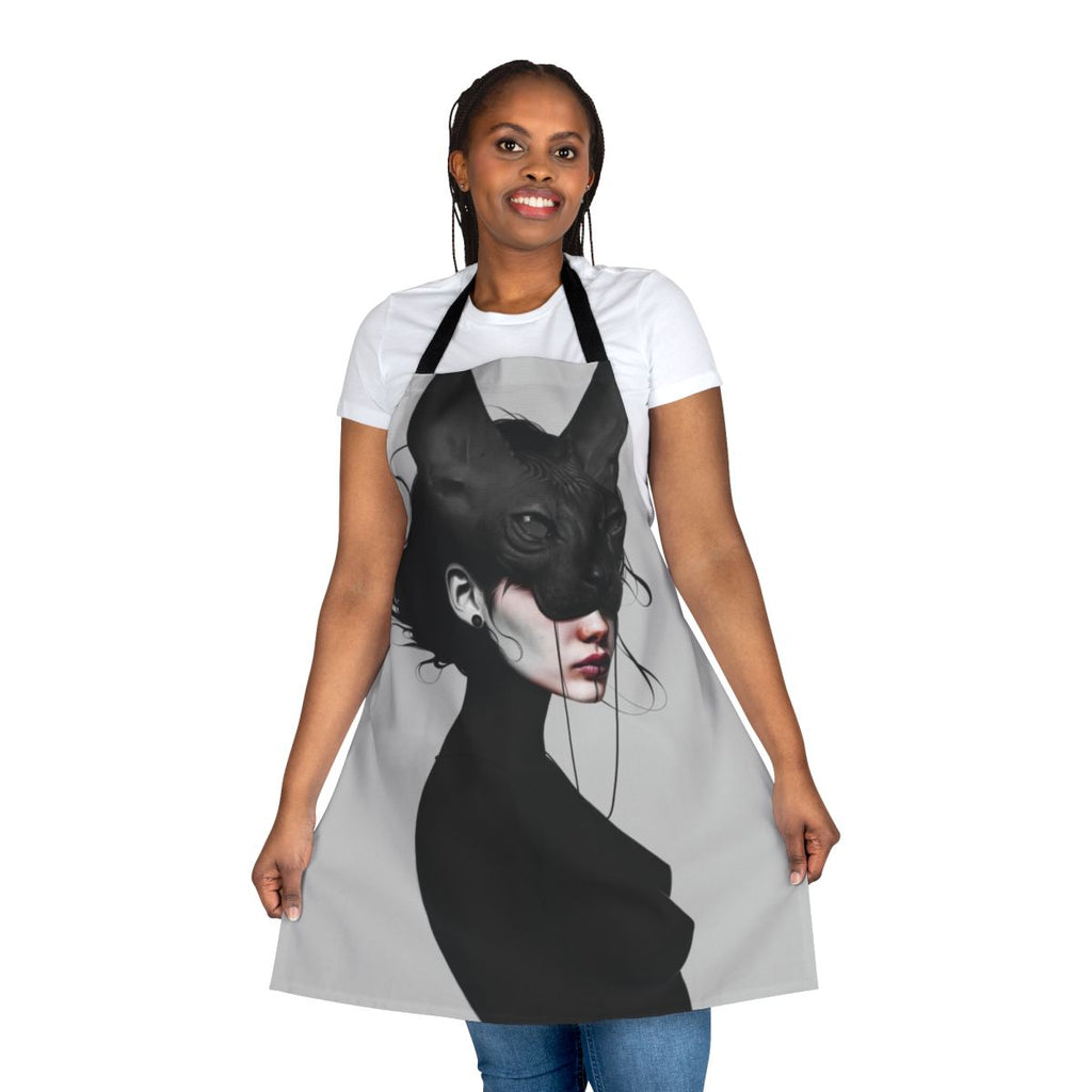 Realistic black and white photo print of a cat's face on an apron