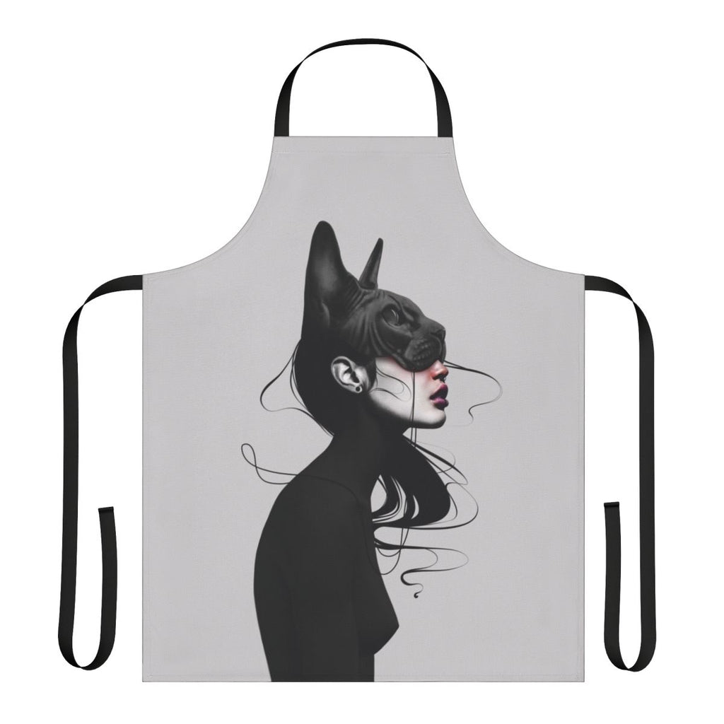 Realistic black and white portrait of a dark cat printed on a high-quality kitchen apron