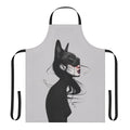 Realistic black and white portrait of a dark cat printed on a high-quality kitchen apron