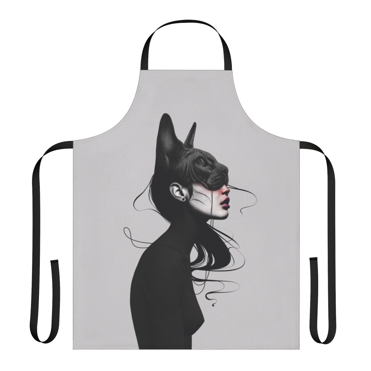 Realistic black and white portrait of a dark cat printed on a high-quality kitchen apron