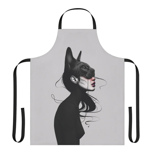 Realistic black and white portrait of a dark cat printed on a high-quality kitchen apron