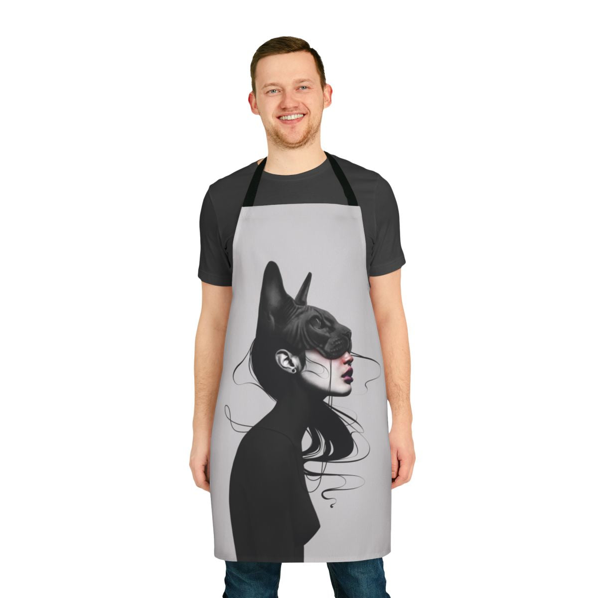 Realistic black and white portrait of a dark cat printed on a high-quality kitchen apron