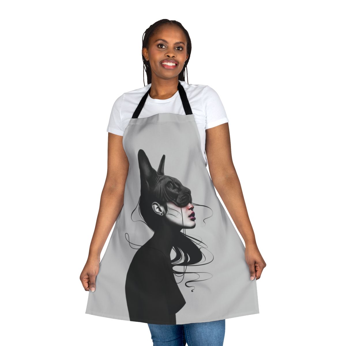Realistic black and white portrait of a dark cat printed on a high-quality kitchen apron