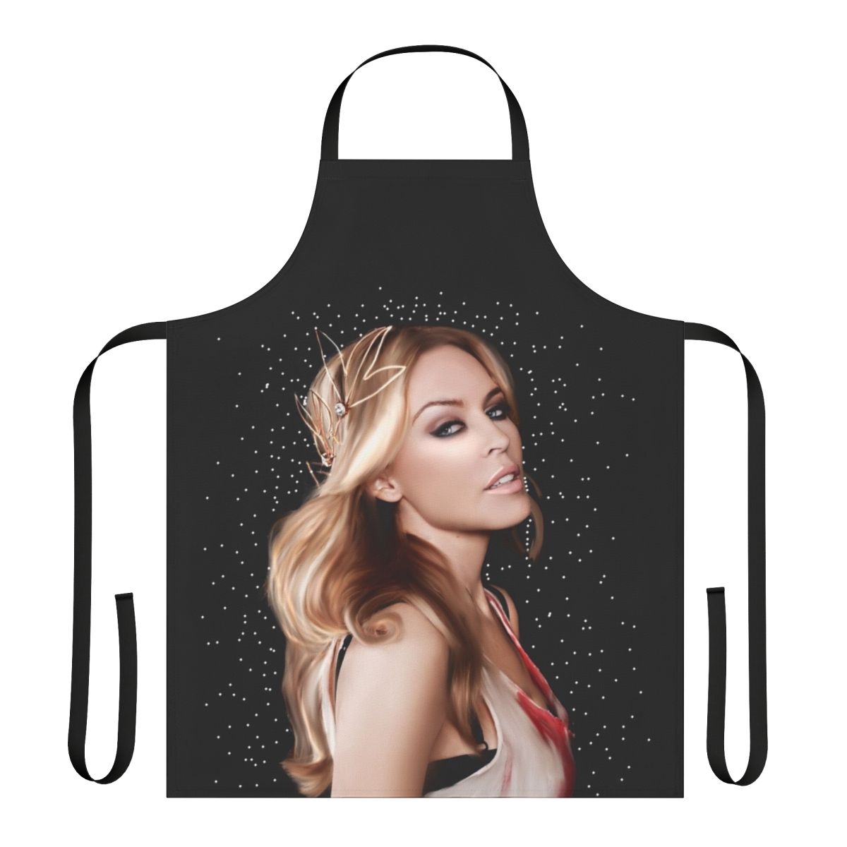 Realistic digital illustration of an apron design inspired by famous singers and music icons.