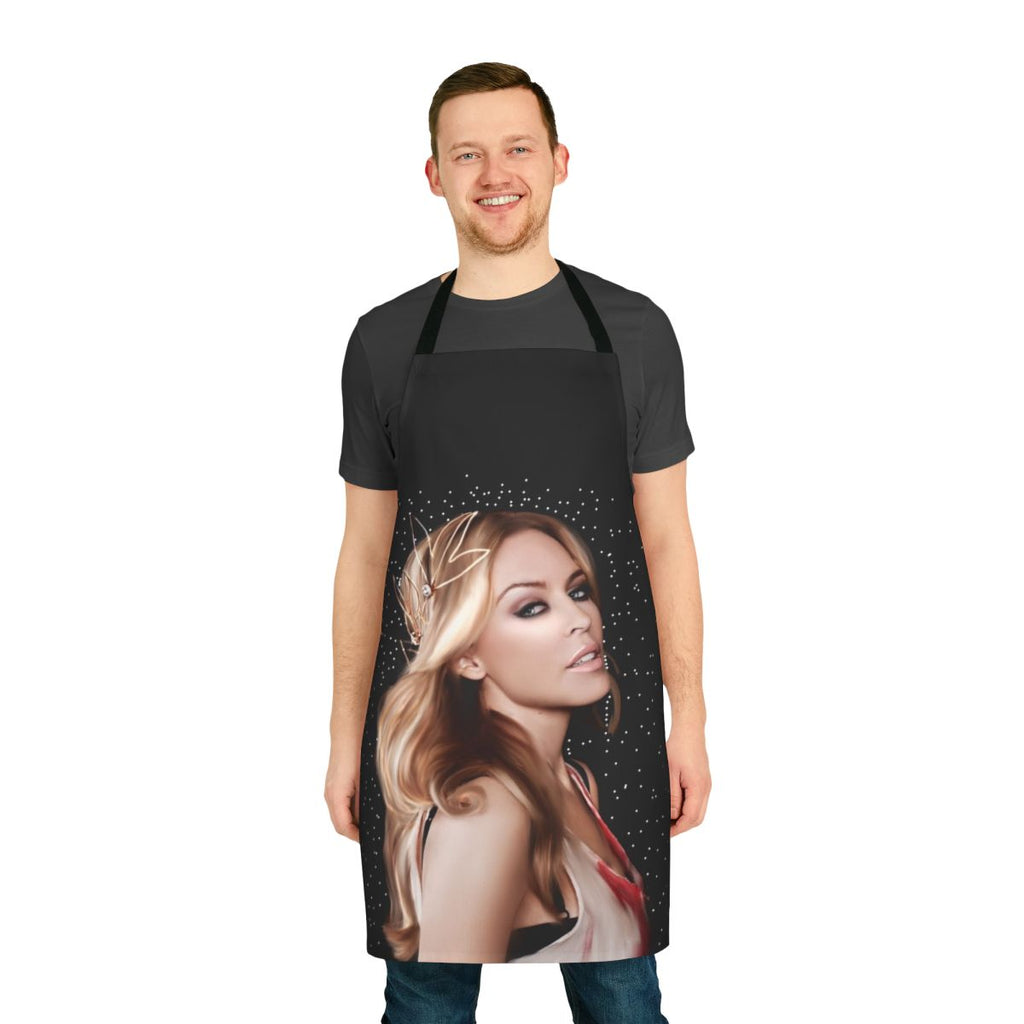 Realistic digital illustration of an apron design inspired by famous singers and music icons.
