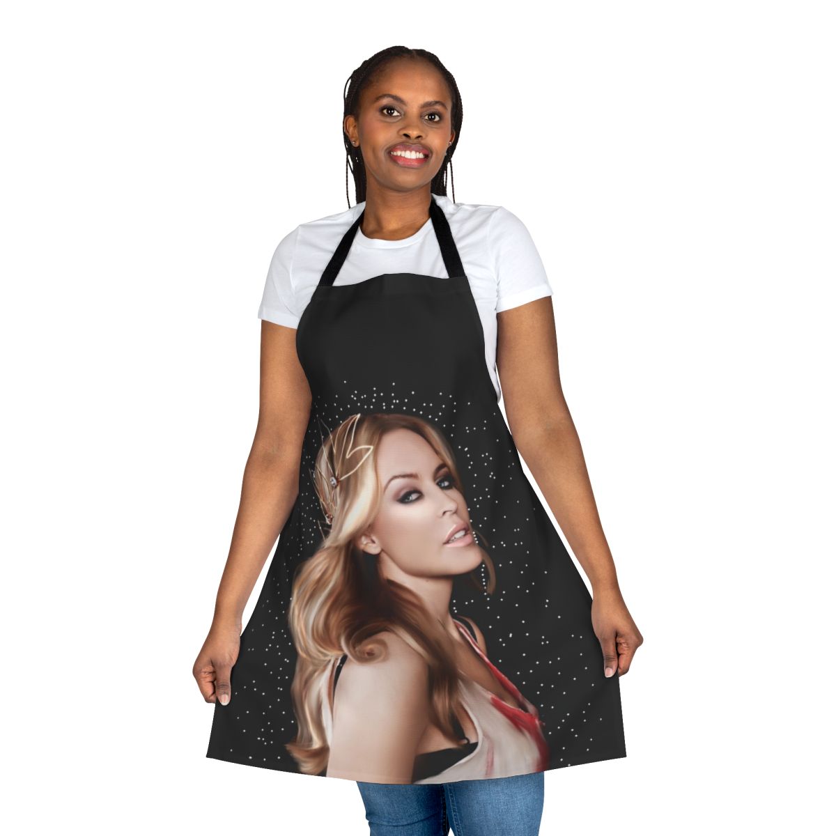 Realistic digital illustration of an apron design inspired by famous singers and music icons.