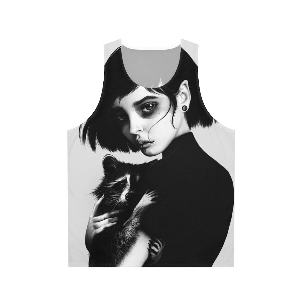 Realistic black and white raccoon portrait pencil art unisex tank top