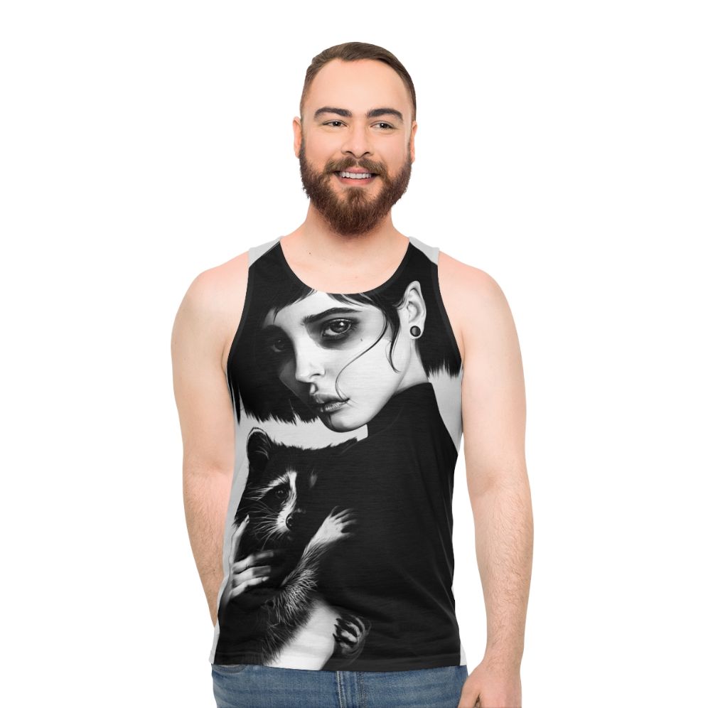 Realistic black and white raccoon portrait pencil art unisex tank top