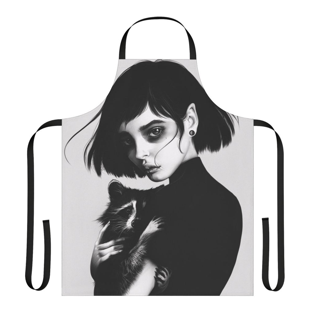 A high-quality apron featuring a realistic black and white pencil drawing of a raccoon.