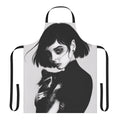 A high-quality apron featuring a realistic black and white pencil drawing of a raccoon.