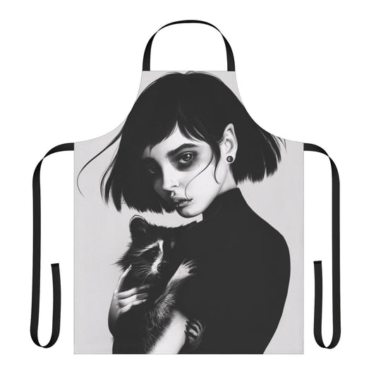 A high-quality apron featuring a realistic black and white pencil drawing of a raccoon.