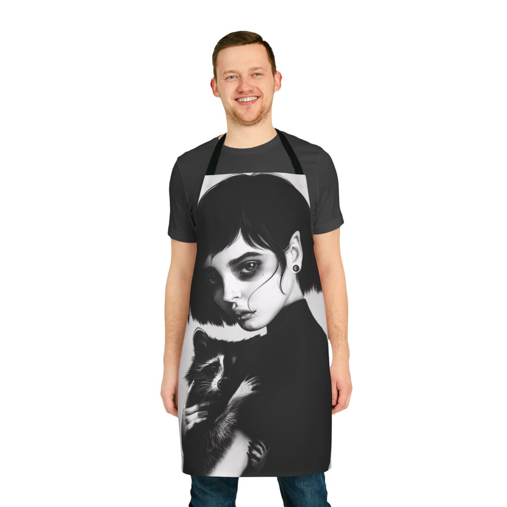 A high-quality apron featuring a realistic black and white pencil drawing of a raccoon.
