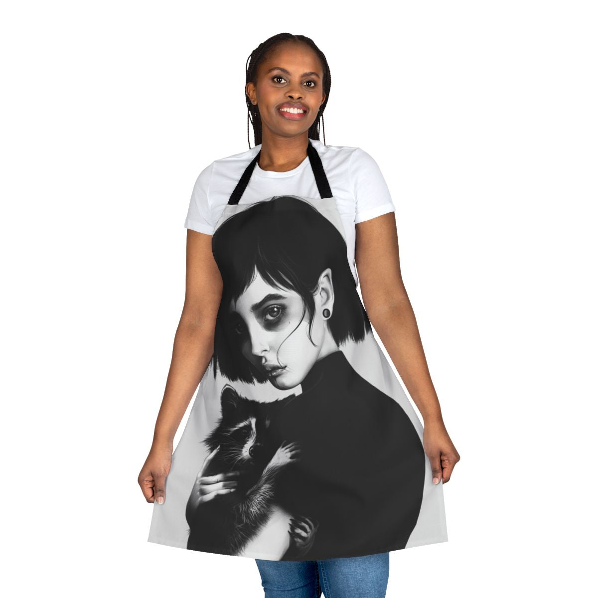 A high-quality apron featuring a realistic black and white pencil drawing of a raccoon.