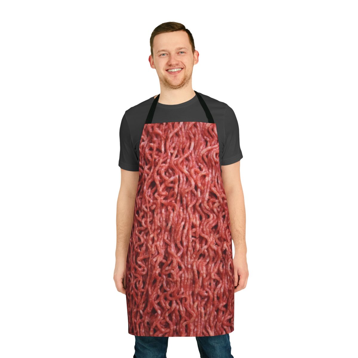 Graphic raw ground beef themed apron with bloody and meat lover design