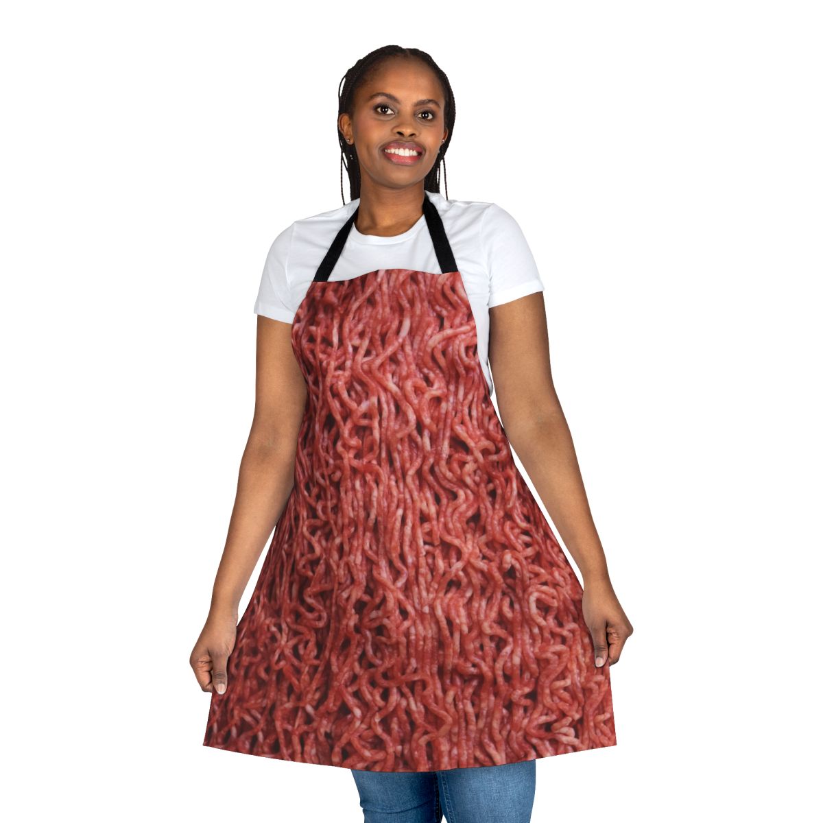 Graphic raw ground beef themed apron with bloody and meat lover design