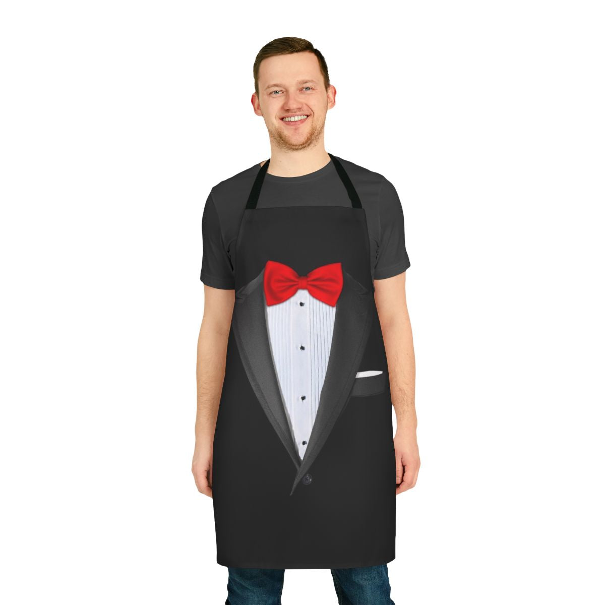 Realistic-looking tuxedo shirt styled apron for formal or costume events