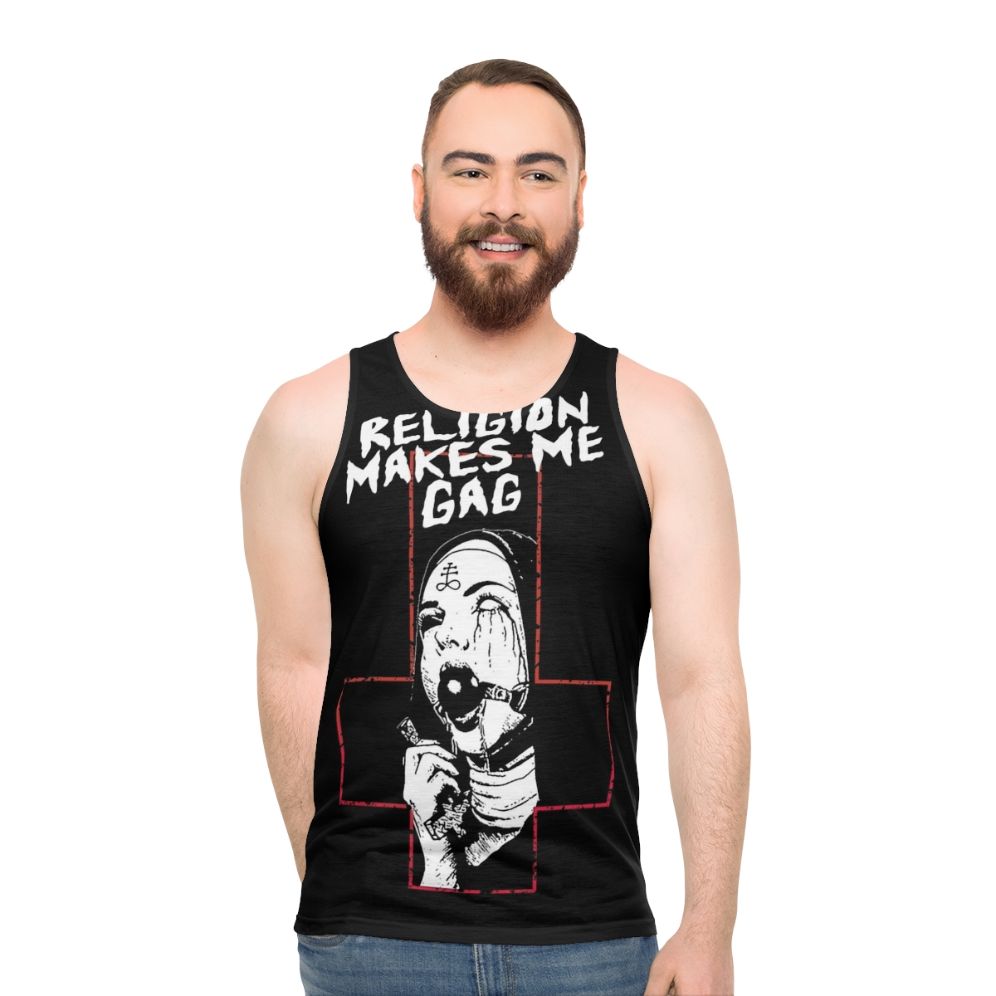 Goth-inspired unisex tank top with "Religion Makes Me Gag" design