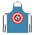 A black apron with a bold, anarchist-inspired design featuring the Captain Anarchy logo and various superhero elements.