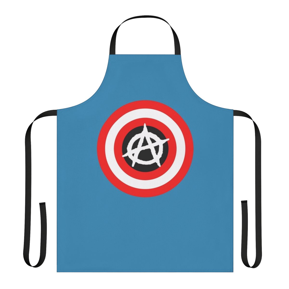 A black apron with a bold, anarchist-inspired design featuring the Captain Anarchy logo and various superhero elements.