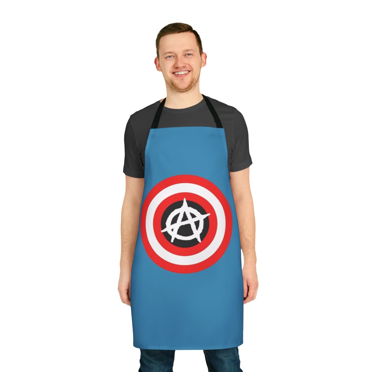 A black apron with a bold, anarchist-inspired design featuring the Captain Anarchy logo and various superhero elements.