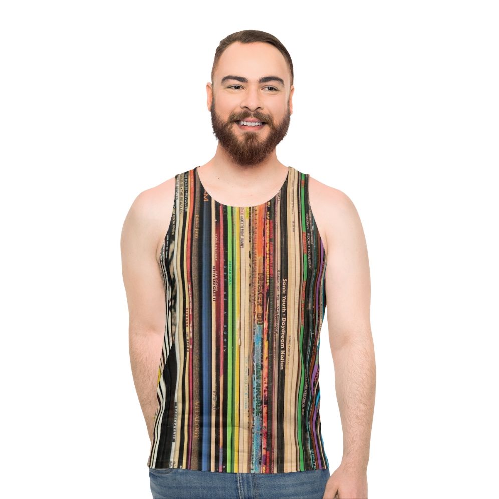 Unisex record collector tank top featuring vinyl records and turntable
