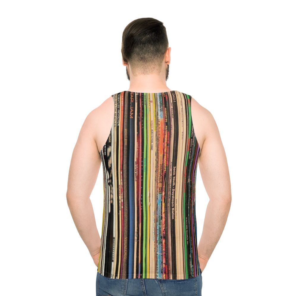 Unisex record collector tank top featuring vinyl records and turntable