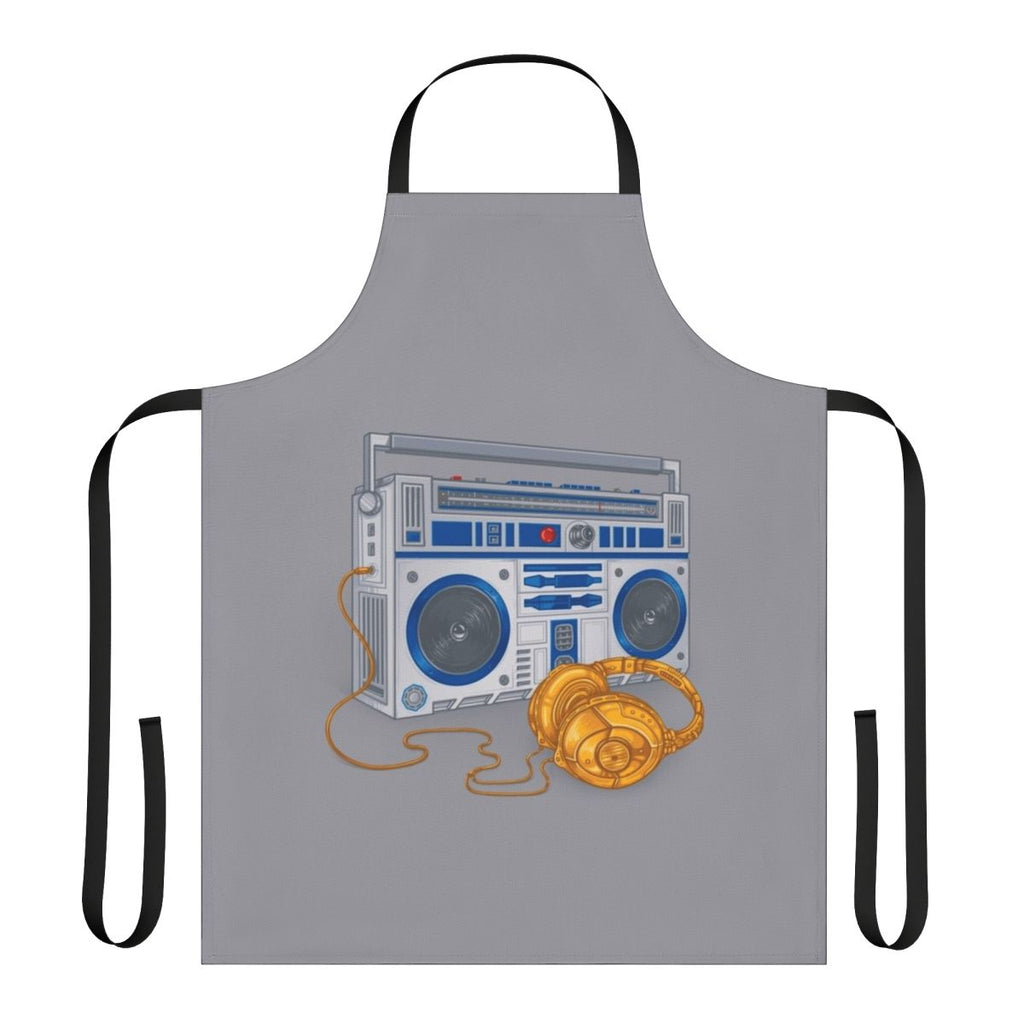 Recycled apron with boombox, robots, and Star Wars themed designs