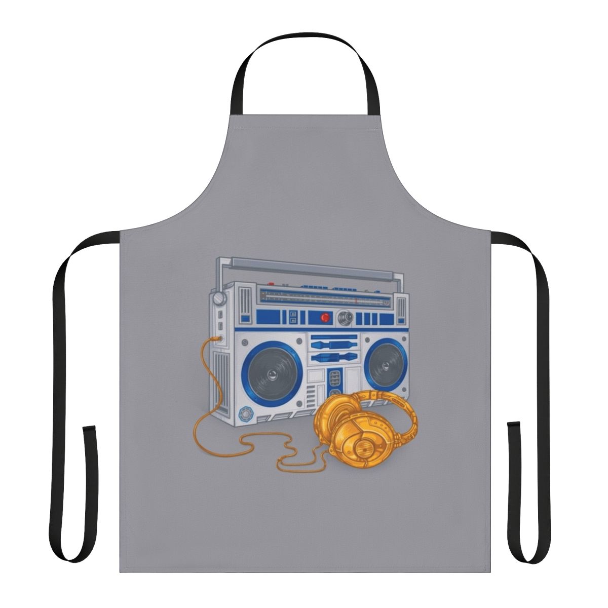 Recycled apron with boombox, robots, and Star Wars themed designs