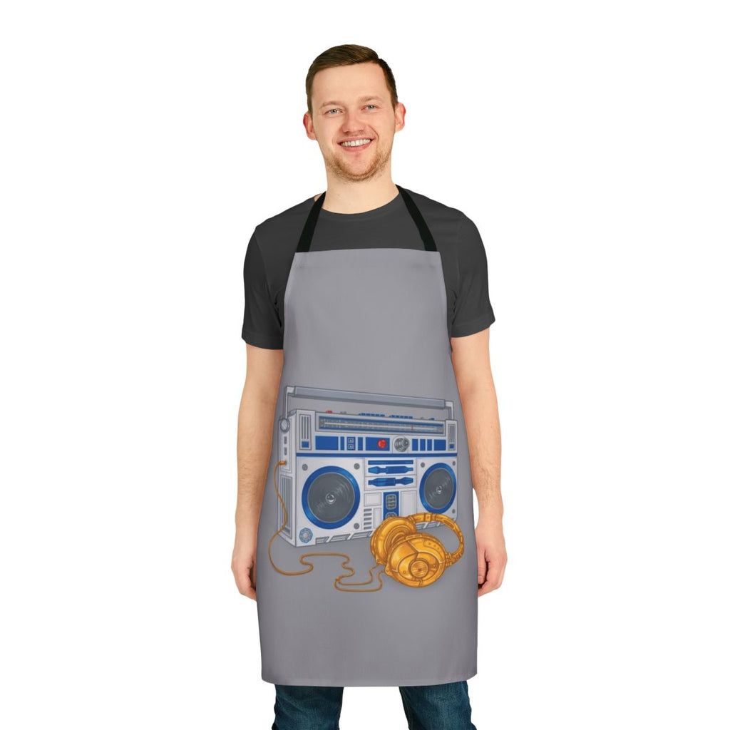 Recycled apron with boombox, robots, and Star Wars themed designs