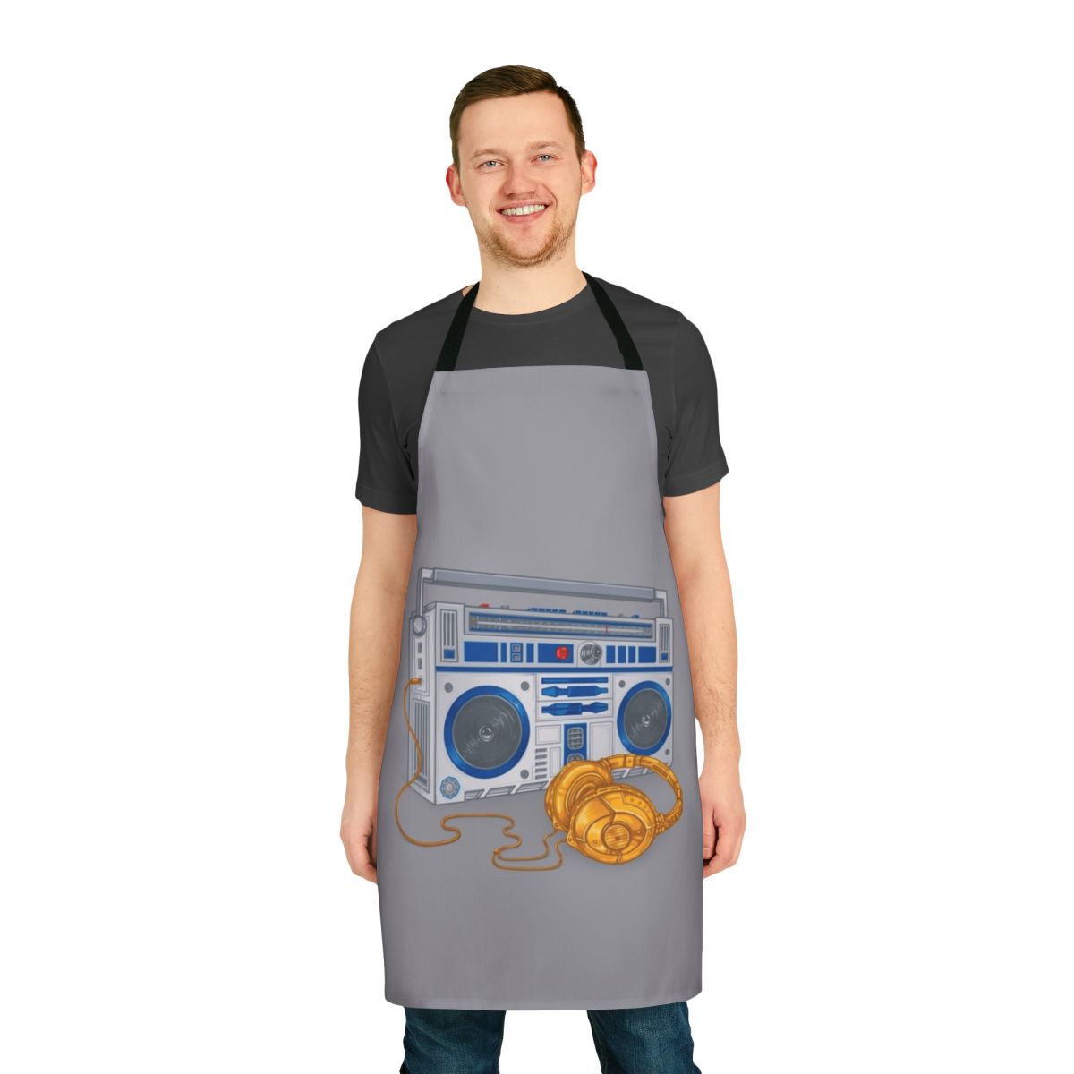 Recycled apron with boombox, robots, and Star Wars themed designs