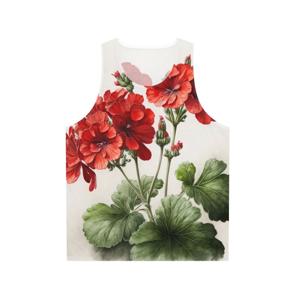 Red geranium flowers printed on a unisex tank top