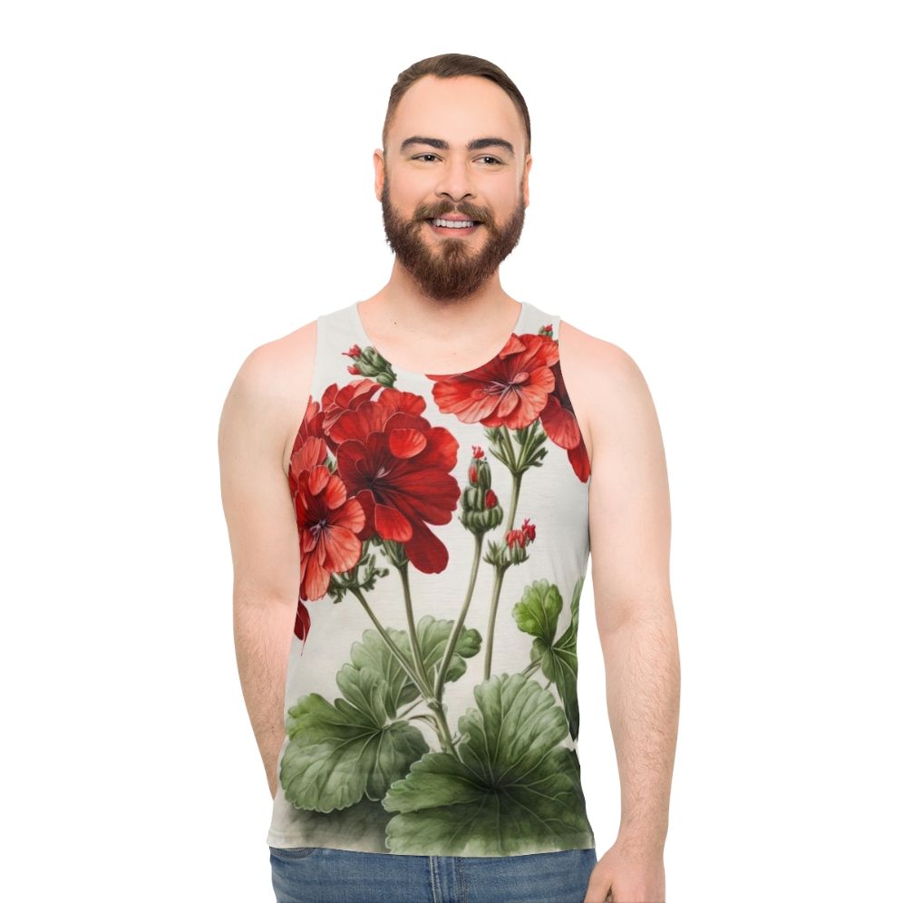 Red geranium flowers printed on a unisex tank top