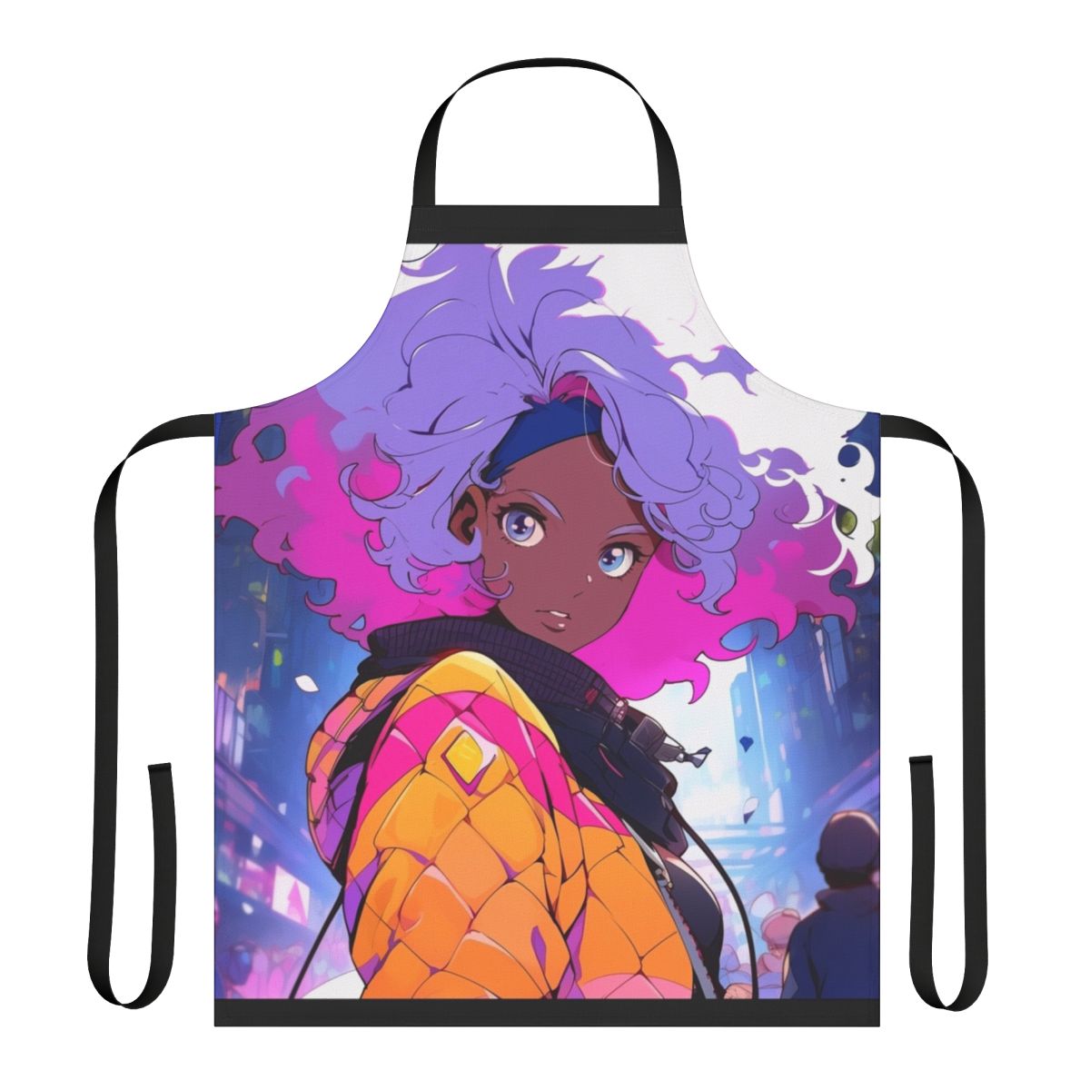 Image of a black or African American lofi girl wearing a reflective apron with a chill, synthwave, or vaporwave aesthetic.